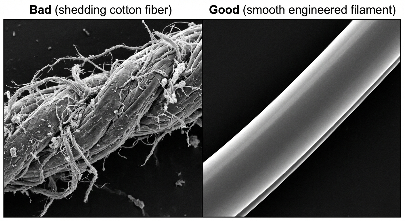 Diagram illustrating the difference between shedding fibers and continuous synthetic filaments. Diagram illustrating the difference between shedding fibers and continuous synthetic filaments.