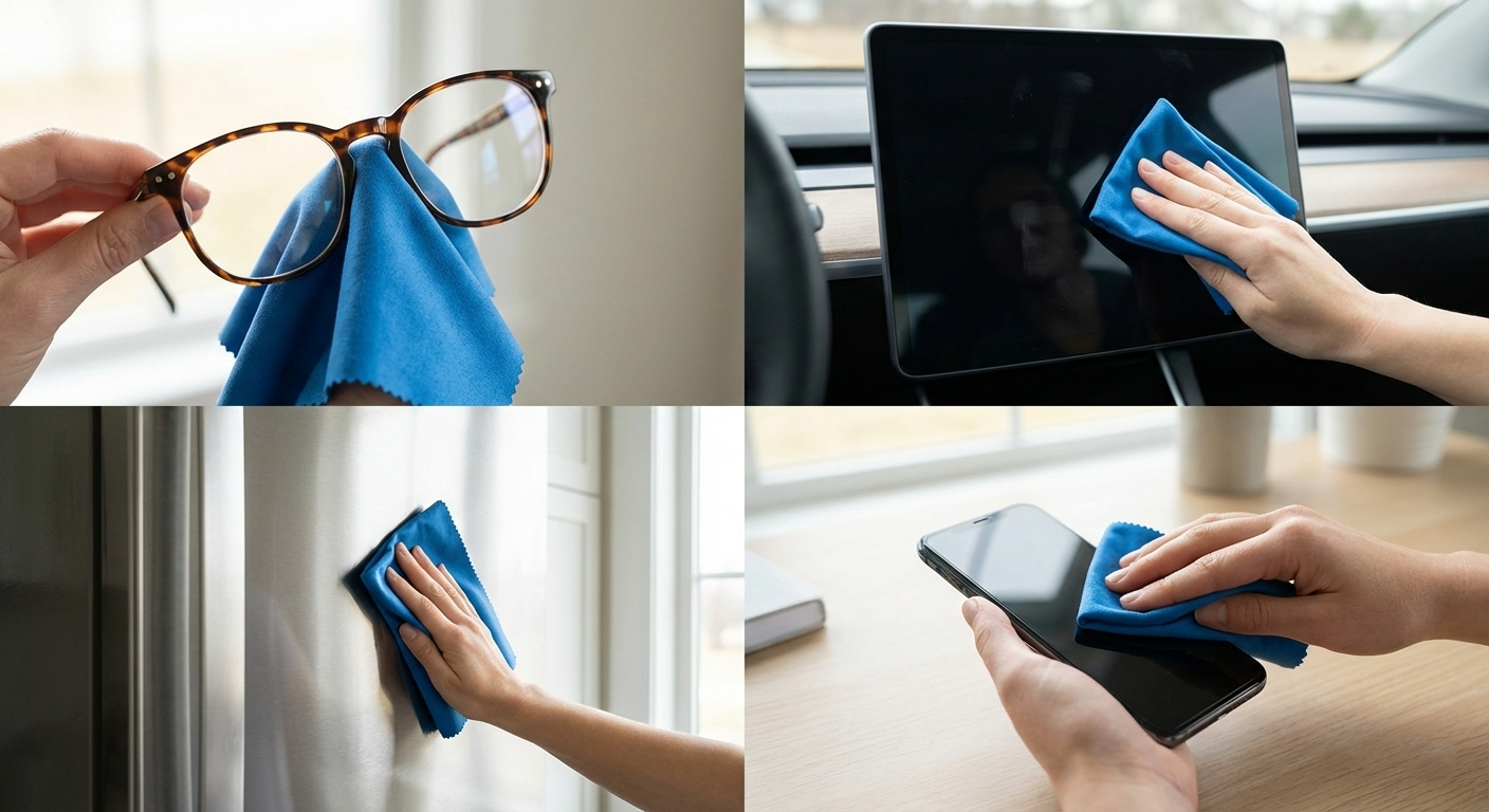 Versatile uses for high-quality cleaning cloths: car interior, eyeglasses, and kitchen appliances. Versatile uses for high-quality cleaning cloths: car interior, eyeglasses, and kitchen appliances.