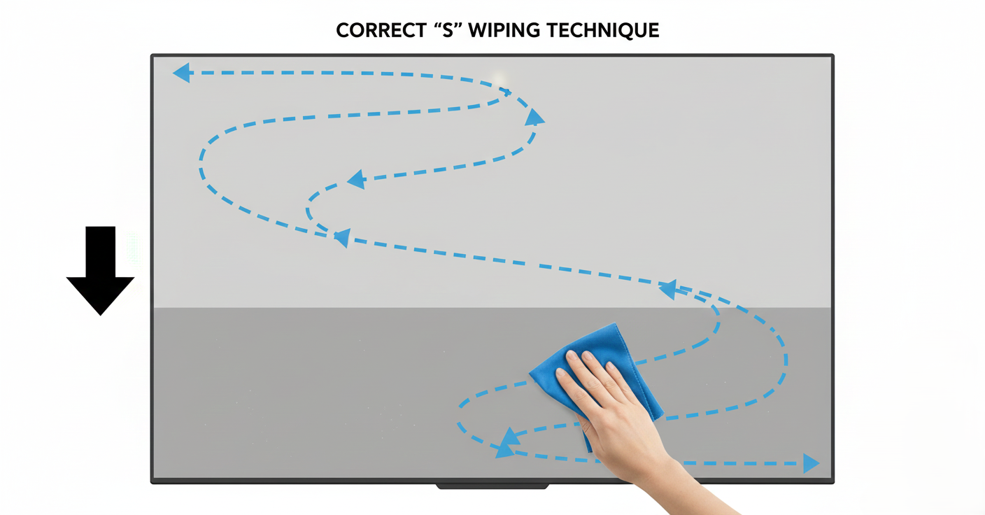 Three-step diagram showing the correct technique for streak-free cleaning on glass. Three-step diagram showing the correct technique for streak-free cleaning on glass.